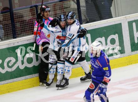 EBEL. Eishockey Bundesliga. EC VSV gegen EHC Liwest Black Wings Linz. Torjubel 	Davies Michael, DaSilva Dan,  (Linz). Villach, am 28.10.2018
Foto: Kuess 


---
pressefotos, pressefotografie, kuess, qs, qspictures, sport, bild, bilder, bilddatenbank
