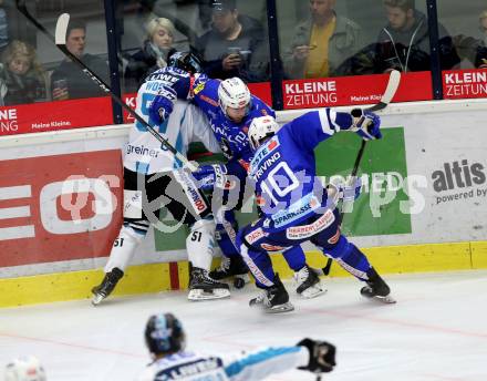 EBEL. Eishockey Bundesliga. EC VSV gegen EHC Liwest Black Wings Linz. Markus Schlacher,,Trivino Corey (VSV), Woger Daniel (Linz). Villach, am 28.10.2018.
Foto: Kuess 


---
pressefotos, pressefotografie, kuess, qs, qspictures, sport, bild, bilder, bilddatenbank