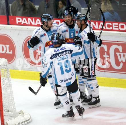 EBEL. Eishockey Bundesliga. EC VSV gegen EHC Liwest Black Wings Linz. Torjubel Andreas Kristler, Rick Schofield, Michael Davies , Rutkowski Troy (Linz). Villach, am 28.10.2018.
Foto: Kuess 


---
pressefotos, pressefotografie, kuess, qs, qspictures, sport, bild, bilder, bilddatenbank