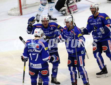 EBEL. Eishockey Bundesliga. EC VSV gegen EHC Liwest Black Wings Linz. Torjubel 	Wohlfahrt Philipp, Wolf Bernd, Lanzinger Benjamin, Lanzinger Benjamin (VSV). Villach, am 28.10.2018.
Foto: Kuess 


---
pressefotos, pressefotografie, kuess, qs, qspictures, sport, bild, bilder, bilddatenbank