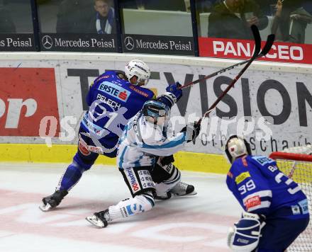 EBEL. Eishockey Bundesliga. EC VSV gegen EHC Liwest Black Wings Linz. Pelech Matthew (VSV), Davies Michael (Linz). Villach, am 28.10.2018.
Foto: Kuess 


---
pressefotos, pressefotografie, kuess, qs, qspictures, sport, bild, bilder, bilddatenbank