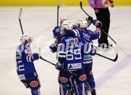 EBEL. Eishockey Bundesliga. EC VSV gegen EHC Liwest Black Wings Linz. Torjubel 	Fraser Jamie, Winkler Thomas, Maxa Felix, Kromp Christof, Lanzinger Benjamin (VSV). Villach, am 28.10.2018.
Foto: Kuess 


---
pressefotos, pressefotografie, kuess, qs, qspictures, sport, bild, bilder, bilddatenbank