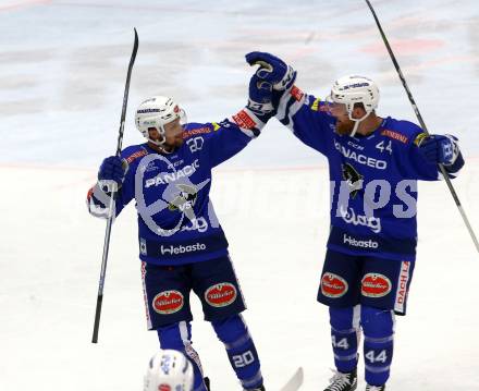EBEL. Eishockey Bundesliga. EC VSV gegen EHC Liwest Black Wings Linz. Torjubel 	Brunner Nico, Fraser Jamie, (VSV). Villach, am 28.10.2018.
Foto: Kuess 


---
pressefotos, pressefotografie, kuess, qs, qspictures, sport, bild, bilder, bilddatenbank