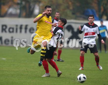 Fussball. Unterliga West. Nussdorf gegen Fuernitz. Dusan Simic (Nussdorf),  Elvis Sahinovic (Fuernitz). Nussdorf, 27.10.2018.
Foto: Kuess
---
pressefotos, pressefotografie, kuess, qs, qspictures, sport, bild, bilder, bilddatenbank