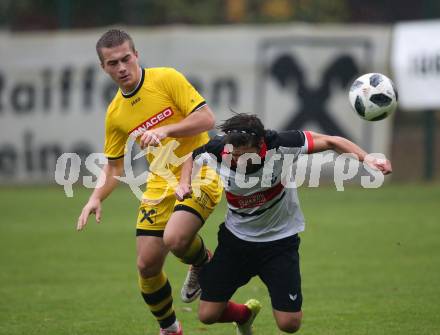 Fussball. Unterliga West. Nussdorf gegen Fuernitz. Dominik Tagger  (Nussdorf), Asmir Halilovic (Fuernitz). Nussdorf, 27.10.2018.
Foto: Kuess
---
pressefotos, pressefotografie, kuess, qs, qspictures, sport, bild, bilder, bilddatenbank