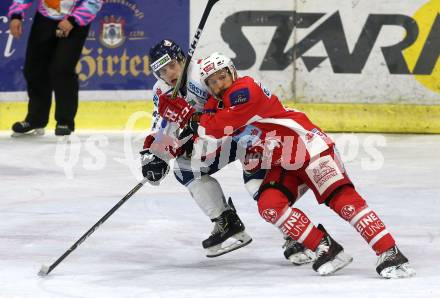 EBEL. Eishockey Bundesliga. KAC gegen Fehervar AV 19. Thomas Koch, (KAC), Aron Sandor Reisz  (Alba Volan). Klagenfurt, am 28.10.2018.
Foto: Kuess

---
pressefotos, pressefotografie, kuess, qs, qspictures, sport, bild, bilder, bilddatenbank
