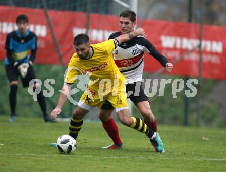 Fussball. Unterliga West. Nussdorf gegen Fuernitz. David Oberhuber (Nussdorf), Elvis Sahinovic  (Fuernitz). Nussdorf, 27.10.2018.
Foto: Kuess
---
pressefotos, pressefotografie, kuess, qs, qspictures, sport, bild, bilder, bilddatenbank