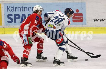 EBEL. Eishockey Bundesliga. KAC gegen Fehervar AV 19.  Nikolaus Kraus,  (KAC), Daniel Szabo (Alba Volan). Klagenfurt, am 28.10.2018.
Foto: Kuess

---
pressefotos, pressefotografie, kuess, qs, qspictures, sport, bild, bilder, bilddatenbank