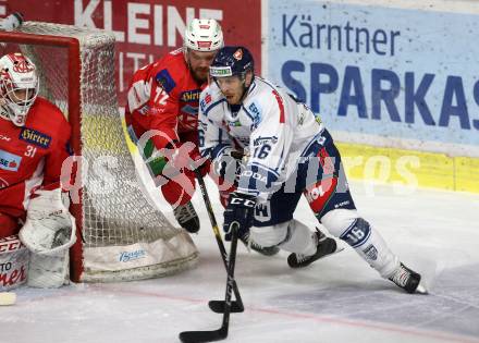 EBEL. Eishockey Bundesliga. KAC gegen Fehervar AV 19. Siim Liivik, (KAC),  Janos Hari (Alba Volan). Klagenfurt, am 28.10.2018.
Foto: Kuess

---
pressefotos, pressefotografie, kuess, qs, qspictures, sport, bild, bilder, bilddatenbank