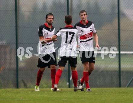 Fussball. Unterliga West. Nussdorf gegen Fuernitz. Torjubel Thomas Infeld, Dominik Tagger, Dusan Simic, (Nussdorf),  (Fuernitz). Nussdorf, 27.10.2018.
Foto: Kuess
---
pressefotos, pressefotografie, kuess, qs, qspictures, sport, bild, bilder, bilddatenbank