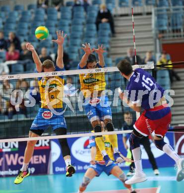 Volleyball Champions League. SK Posojilnica Aich/Dob gegen United Volley Rhein-Main.  Nicolai Grabmueller, Maximilian Landfahrer (Aich/Dob). Klagenfurt, am 31.10.2018.
Foto: Kuess
---
pressefotos, pressefotografie, kuess, qs, qspictures, sport, bild, bilder, bilddatenbank