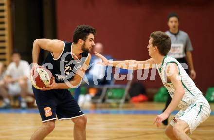 Basketball OEBV Cup. KOS Celovec gegen  BBC Nord Dragonz.  Andi Smrtnik,  (KOS), Lukas Baumgartner (Nord Dragonz). Klagenfurt, am 1.11.2018.
Foto: Kuess
---
pressefotos, pressefotografie, kuess, qs, qspictures, sport, bild, bilder, bilddatenbank