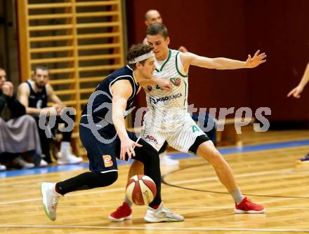 Basketball OEBV Cup. KOS Celovec gegen  BBC Nord Dragonz. Jan Razdevsek,   (KOS), Ognjen Drljaca (Nord Dragonz). Klagenfurt, am 1.11.2018.
Foto: Kuess
---
pressefotos, pressefotografie, kuess, qs, qspictures, sport, bild, bilder, bilddatenbank