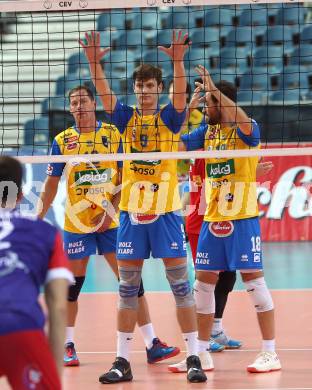 Volleyball Champions League. SK Posojilnica Aich/Dob gegen United Volley Rhein-Main.  Nejc Pusnik, Federico Jorge Franetovich, Jure Kasnik (Aich/Dob). Klagenfurt, am 31.10.2018.
Foto: Kuess
---
pressefotos, pressefotografie, kuess, qs, qspictures, sport, bild, bilder, bilddatenbank