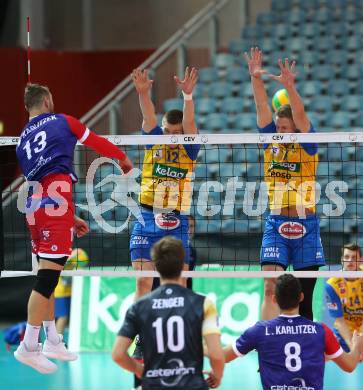 Volleyball Champions League. SK Posojilnica Aich/Dob gegen United Volley Rhein-Main.  Markkus Keel, Nicolai Grabmueller (Aich/Dob). Klagenfurt, am 31.10.2018.
Foto: Kuess
---
pressefotos, pressefotografie, kuess, qs, qspictures, sport, bild, bilder, bilddatenbank