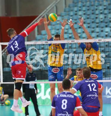 Volleyball Champions League. SK Posojilnica Aich/Dob gegen United Volley Rhein-Main.  Markkus Keel, Michal Hruska (Aich/Dob). Klagenfurt, am 31.10.2018.
Foto: Kuess
---
pressefotos, pressefotografie, kuess, qs, qspictures, sport, bild, bilder, bilddatenbank