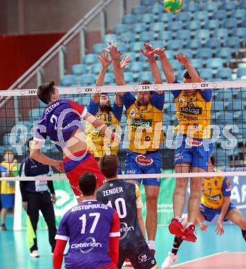 Volleyball Champions League. SK Posojilnica Aich/Dob gegen United Volley Rhein-Main.  Jure Kasnik, Michal Hruska, Matej Koek (Aich/Dob). Klagenfurt, am 31.10.2018.
Foto: Kuess
---
pressefotos, pressefotografie, kuess, qs, qspictures, sport, bild, bilder, bilddatenbank