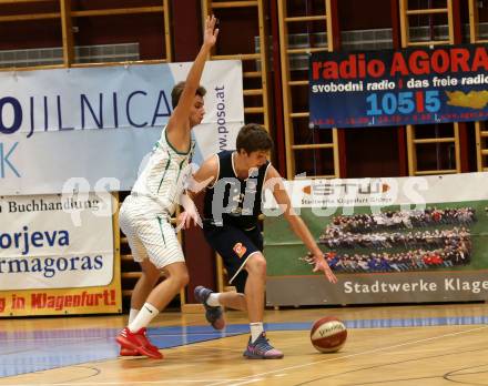 Basketball OEBV Cup. KOS Celovec gegen  BBC Nord Dragonz.  Florian Ponholzer, (KOS), Lukas Knor  (Nord Dragonz). Klagenfurt, am 1.11.2018.
Foto: Kuess
---
pressefotos, pressefotografie, kuess, qs, qspictures, sport, bild, bilder, bilddatenbank