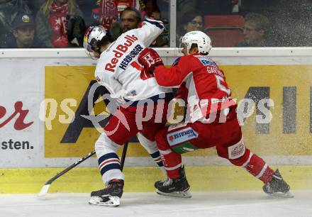 EBEL. Eishockey Bundesliga. KAC gegen EC Red Bull Salzburg. Charles Robin Gartner,  (KAC), Raphael Herburger (Salzburg). Klagenfurt, am 2.11.2018.
Foto: Kuess

---
pressefotos, pressefotografie, kuess, qs, qspictures, sport, bild, bilder, bilddatenbank