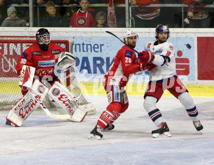 EBEL. Eishockey Bundesliga. KAC gegen EC Red Bull Salzburg. Haugen Lars,  Schumnig Martin (KAC), Herburger Raphael (Salzburg). Klagenfurt, am 2.11.2018.
Foto: Kuess

---
pressefotos, pressefotografie, kuess, qs, qspictures, sport, bild, bilder, bilddatenbank
