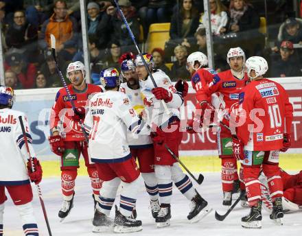 EBEL. Eishockey Bundesliga. KAC gegen EC Red Bull Salzburg.  Torjubel Schiechl Michael, Hochkofler Peter, Trattnig Matthias, (Salzburg). Klagenfurt, am 2.11.2018.
Foto: Kuess

---
pressefotos, pressefotografie, kuess, qs, qspictures, sport, bild, bilder, bilddatenbank