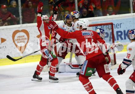 EBEL. Eishockey Bundesliga. KAC gegen EC Red Bull Salzburg. Torjubel Adam Comrie (KAC). Klagenfurt, am 2.11.2018.
Foto: Kuess

---
pressefotos, pressefotografie, kuess, qs, qspictures, sport, bild, bilder, bilddatenbank