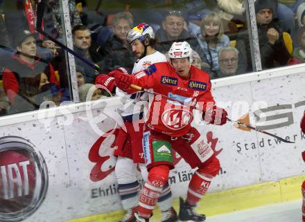 EBEL. Eishockey Bundesliga. KAC gegen EC Red Bull Salzburg. Harand Patrick (KAC),  Herburger Raphael (Salzburg). Klagenfurt, am 2.11.2018.
Foto: Kuess

---
pressefotos, pressefotografie, kuess, qs, qspictures, sport, bild, bilder, bilddatenbank