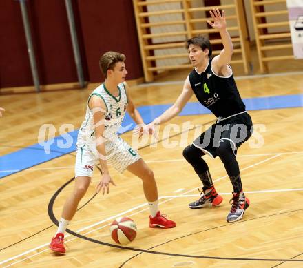 Basketball 2. Bundesliga. Grunddurchgang 4. Runde. KOS Celovec gegen  Basket Flames. Florian Ponholzer (KOS),   Michael Diesner  (Basket Flames). Klagenfurt, am 4.11.2018.
Foto: Kuess
---
pressefotos, pressefotografie, kuess, qs, qspictures, sport, bild, bilder, bilddatenbank