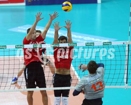 AVL. Volleyball Bundesliga. VBK Woerthersee Loewen Klagenfurt gegen UVC Ried/Innkreis. Simon Baldauf, Georgios Kotsilianos (Klagenfurt). Klagenfurt, am 3.11.2018.
Foto: Kuess
---
pressefotos, pressefotografie, kuess, qs, qspictures, sport, bild, bilder, bilddatenbank