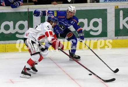 EBEL. Eishockey Bundesliga. EC VSV gegen HC TWK Innsbruck. Alexander Lahoda, (VSV), Andrew Clark  (Innsbruck). Villach, am 4.11.2018.
Foto: Kuess 


---
pressefotos, pressefotografie, kuess, qs, qspictures, sport, bild, bilder, bilddatenbank