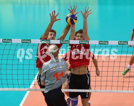 AVL. Volleyball Bundesliga. VBK Woerthersee Loewen Klagenfurt gegen UVC Ried/Innkreis. Markus Schloffer, David Petschnig (Klagenfurt). Klagenfurt, am 3.11.2018.
Foto: Kuess
---
pressefotos, pressefotografie, kuess, qs, qspictures, sport, bild, bilder, bilddatenbank