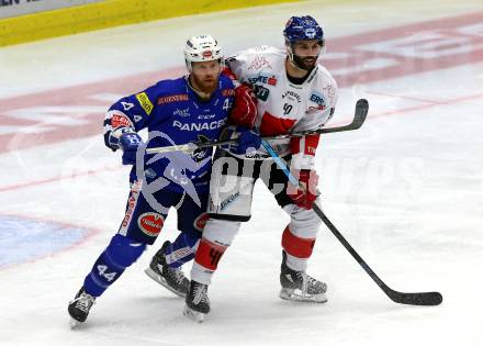 EBEL. Eishockey Bundesliga. EC VSV gegen HC TWK Innsbruck. Jamie Fraser,  (VSV), Levko Koper (Innsbruck). Villach, am 4.11.2018.
Foto: Kuess 


---
pressefotos, pressefotografie, kuess, qs, qspictures, sport, bild, bilder, bilddatenbank