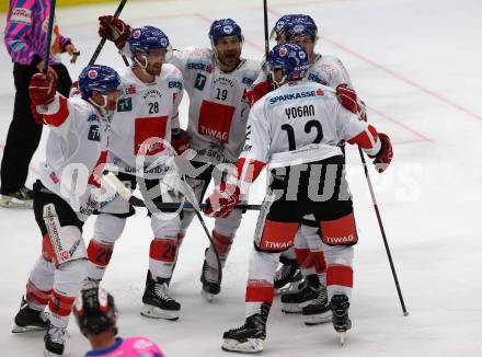 EBEL. Eishockey Bundesliga. EC VSV gegen HC TWK Innsbruck. Torjubel John Lammers, Andrew Michael Yogan, Nicholas Ross, Andrew Clark, Tyler Spurgeon(Innsbruck). Villach, am 4.11.2018.
Foto: Kuess 


---
pressefotos, pressefotografie, kuess, qs, qspictures, sport, bild, bilder, bilddatenbank