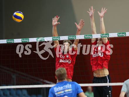 AVL. Volleyball Bundesliga. VBK Woerthersee Loewen Klagenfurt gegen UVC Ried/Innkreis. Markus Schloffer, David Petschnig (Klagenfurt). Klagenfurt, am 3.11.2018.
Foto: Kuess
---
pressefotos, pressefotografie, kuess, qs, qspictures, sport, bild, bilder, bilddatenbank