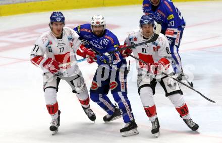 EBEL. Eishockey Bundesliga. EC VSV gegen HC TWK Innsbruck. MacGregor Sharp,  (VSV), Philipp Lindner, Nicholas Ross (Innsbruck). Villach, am 4.11.2018.
Foto: Kuess 


---
pressefotos, pressefotografie, kuess, qs, qspictures, sport, bild, bilder, bilddatenbank