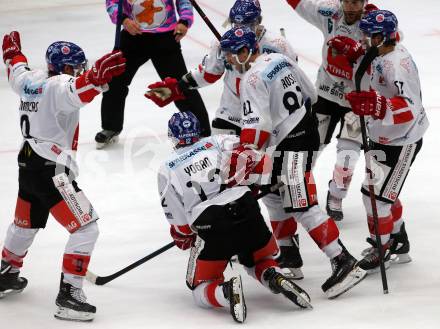 EBEL. Eishockey Bundesliga. EC VSV gegen HC TWK Innsbruck. Torjubel John Lammers, Andrew Michael Yogan, Nicholas Ross, Andrew Clark (Innsbruck). Villach, am 4.11.2018.
Foto: Kuess 


---
pressefotos, pressefotografie, kuess, qs, qspictures, sport, bild, bilder, bilddatenbank