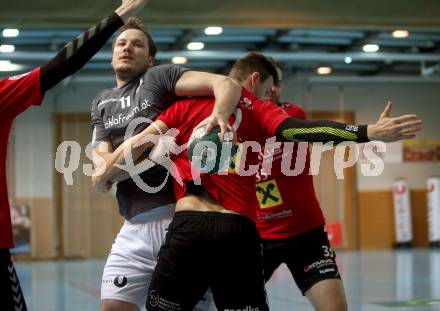 Handball Bundesliga. Schlafraum.at Kaernten gegen HSG Remus Baernbach/Koeflach.  Matej Hartman,  (Schlafraum.at),  Paul Langmann (Baernbach/Koeflach). Klagenfurt, am 3.11.2018.
Foto: Kuess
---
pressefotos, pressefotografie, kuess, qs, qspictures, sport, bild, bilder, bilddatenbank