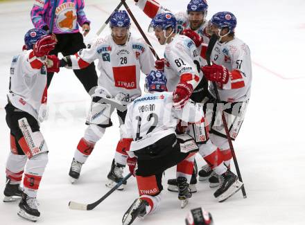 EBEL. Eishockey Bundesliga. EC VSV gegen HC TWK Innsbruck. Torjubel John Lammers, Andrew Michael Yogan, Nicholas Ross, Andrew Clark, Tyler Spurgeon (Innsbruck). Villach, am 4.11.2018.
Foto: Kuess 


---
pressefotos, pressefotografie, kuess, qs, qspictures, sport, bild, bilder, bilddatenbank