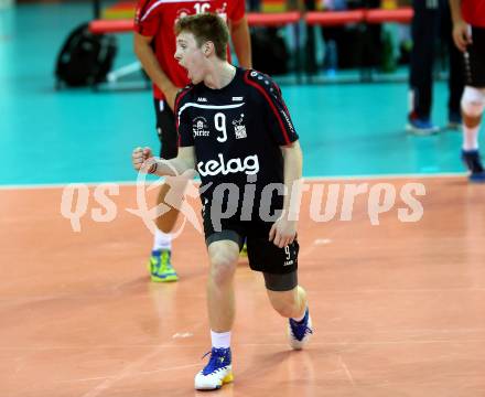 AVL. Volleyball Bundesliga. VBK Woerthersee Loewen Klagenfurt gegen UVC Ried/Innkreis. Jubel Jakob Reiter (Klagenfurt). Klagenfurt, am 3.11.2018.
Foto: Kuess
---
pressefotos, pressefotografie, kuess, qs, qspictures, sport, bild, bilder, bilddatenbank