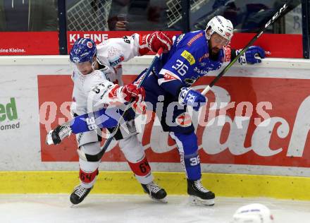 EBEL. Eishockey Bundesliga. EC VSV gegen HC TWK Innsbruck. Jerry Pollastrone,  (VSV), Ondrej Sedivy (Innsbruck). Villach, am 4.11.2018.
Foto: Kuess 


---
pressefotos, pressefotografie, kuess, qs, qspictures, sport, bild, bilder, bilddatenbank