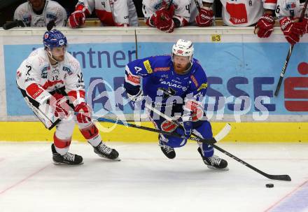 EBEL. Eishockey Bundesliga. EC VSV gegen HC TWK Innsbruck. Jamie Fraser,  (VSV), Andrew Michael Yogan (Innsbruck). Villach, am 4.11.2018.
Foto: Kuess 


---
pressefotos, pressefotografie, kuess, qs, qspictures, sport, bild, bilder, bilddatenbank