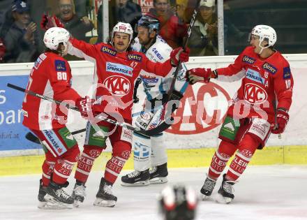 EBEL. Eishockey Bundesliga. KAC gegen EHC Liwest Black Wings Linz. Torjubel Nikolaus Kraus, Marcel Witting, Patrick Harand (KAC). Klagenfurt, am 13.11.2018.
Foto: Kuess

---
pressefotos, pressefotografie, kuess, qs, qspictures, sport, bild, bilder, bilddatenbank