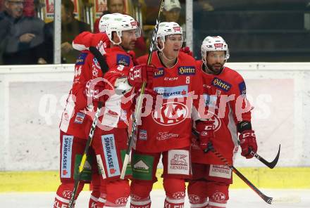 EBEL. Eishockey Bundesliga. KAC gegen EHC Liwest Black Wings Linz. Torjubel David Joseph Fischer, Adam Comrie, Nicholas Eric Petersen, Thomas Koch (KAC). Klagenfurt, am 13.11.2018.
Foto: Kuess

---
pressefotos, pressefotografie, kuess, qs, qspictures, sport, bild, bilder, bilddatenbank