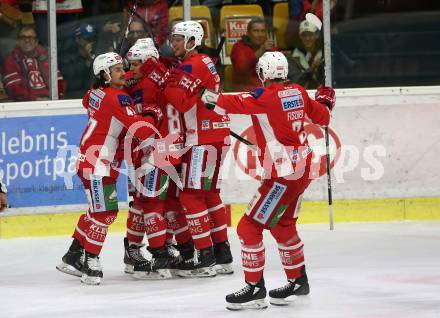 EBEL. Eishockey Bundesliga. KAC gegen EHC Liwest Black Wings Linz. Torjubel Nikolaus Kraus, Marcel Witting, Patrick Harand, Adam Comrie, David Joseph Fischer (KAC). Klagenfurt, am 13.11.2018.
Foto: Kuess

---
pressefotos, pressefotografie, kuess, qs, qspictures, sport, bild, bilder, bilddatenbank
