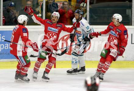EBEL. Eishockey Bundesliga. KAC gegen EHC Liwest Black Wings Linz. Torjubel Nikolaus Kraus, Marcel Witting, Patrick Harand (KAC). Klagenfurt, am 13.11.2018.
Foto: Kuess

---
pressefotos, pressefotografie, kuess, qs, qspictures, sport, bild, bilder, bilddatenbank