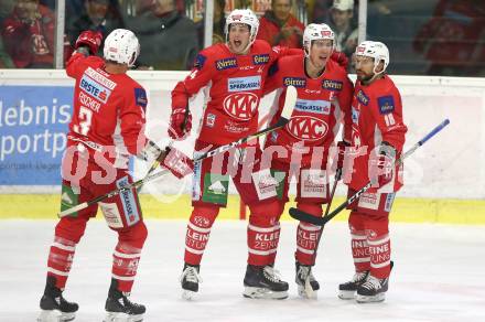 EBEL. Eishockey Bundesliga. KAC gegen EHC Liwest Black Wings Linz. Torjubel David Joseph Fischer, Adam Comrie, Nicholas Eric Petersen, Thomas Koch (KAC). Klagenfurt, am 13.11.2018.
Foto: Kuess

---
pressefotos, pressefotografie, kuess, qs, qspictures, sport, bild, bilder, bilddatenbank
