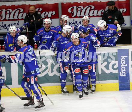 EBEL. Eishockey Bundesliga. EC VSV gegen Vienna Capitals. Torjubel 	Lanzinger Benjamin, Petrik Nikolas, Fraser Jamie (VSV). Villach, am 16.11.2018.
Foto: Kuess 


---
pressefotos, pressefotografie, kuess, qs, qspictures, sport, bild, bilder, bilddatenbank
