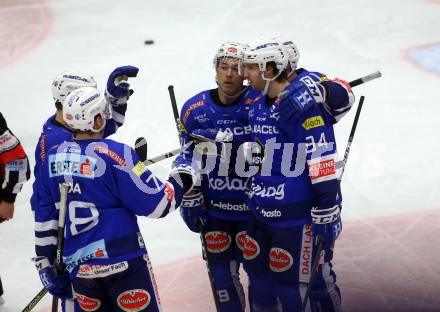 EBEL. Eishockey Bundesliga. EC VSV gegen Vienna Capitals. torjubel Alderson Brandon, 	Down Blaine, Maxa Felix, DeSantis Jason(VSV). Villach, am 16.11.2018.
Foto: Kuess 


---
pressefotos, pressefotografie, kuess, qs, qspictures, sport, bild, bilder, bilddatenbank