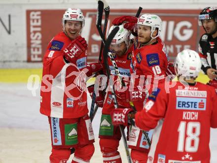 EBEL. Eishockey Bundesliga. KAC gegen VSV. Torjubel Andrew Jacob Kozek, Nicholas Eric Petersen, Stefan Geier, Thomas Koch (KAC). Klagenfurt, am 13.11.2018.
Foto: Kuess

---
pressefotos, pressefotografie, kuess, qs, qspictures, sport, bild, bilder, bilddatenbank