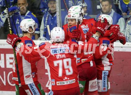EBEL. Eishockey Bundesliga. KAC gegen VSV. Torjubel Johannes Bischofberger, Clemens Unterweger, Thomas Hundertpfund, Mitch Wahl, Steven Strong (KAC). Klagenfurt, am 13.11.2018.
Foto: Kuess

---
pressefotos, pressefotografie, kuess, qs, qspictures, sport, bild, bilder, bilddatenbank